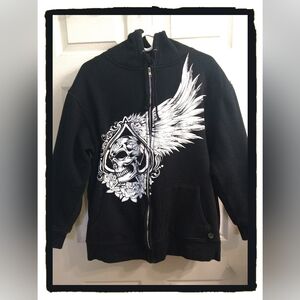 Gothic ☠️ Skull & Wings ☠️ Zippered Black Hoodie (See Description For Sizing)